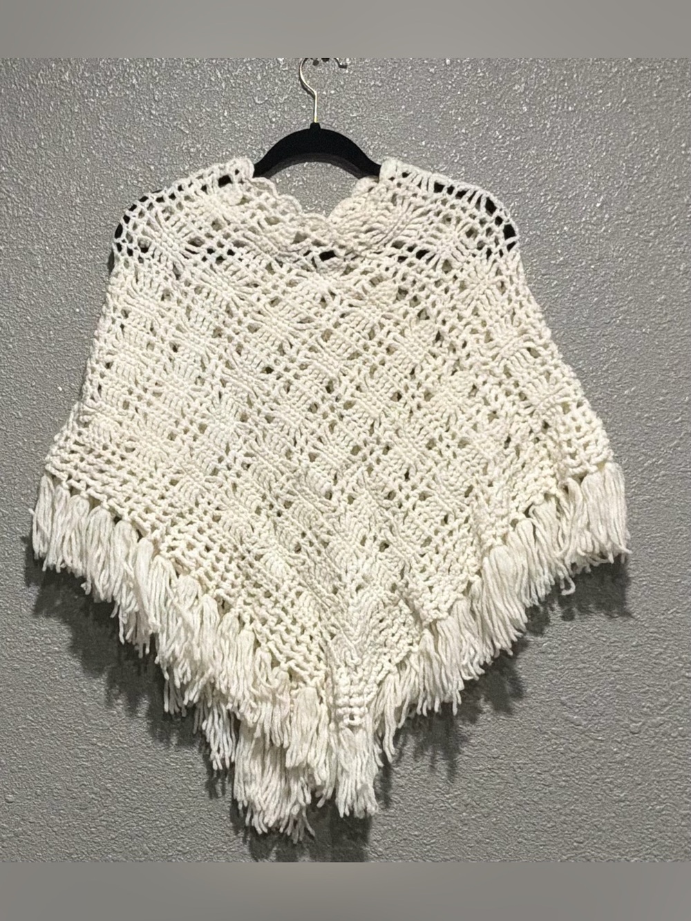 Handmade Crochet Fringe Poncho - Cream